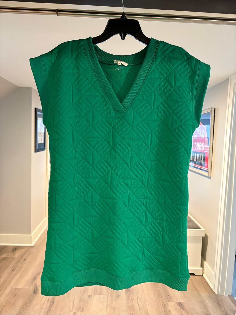 Green Quilted V-Neck Cap Sleeve Mini Dress
